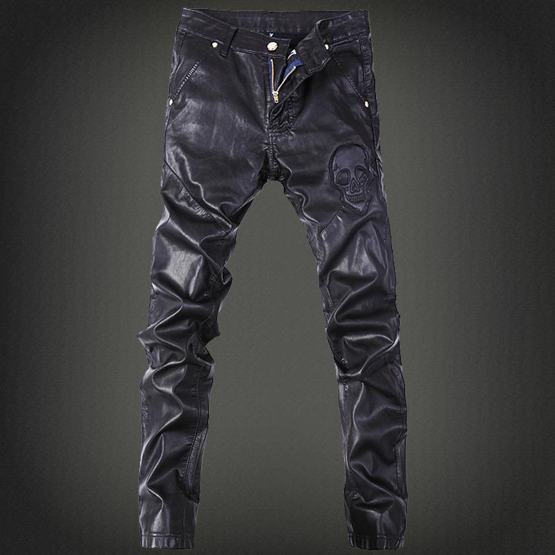 Trendy men's slim fit pants with skull pattern and zipper