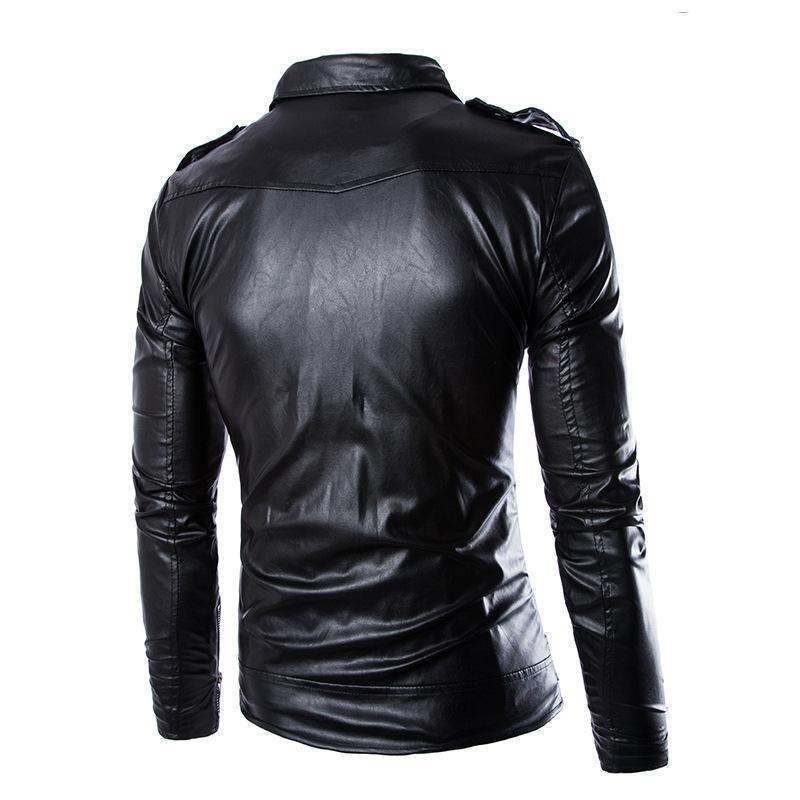 Men's black motorcycle slim jacket with stand collar and oblique zipper