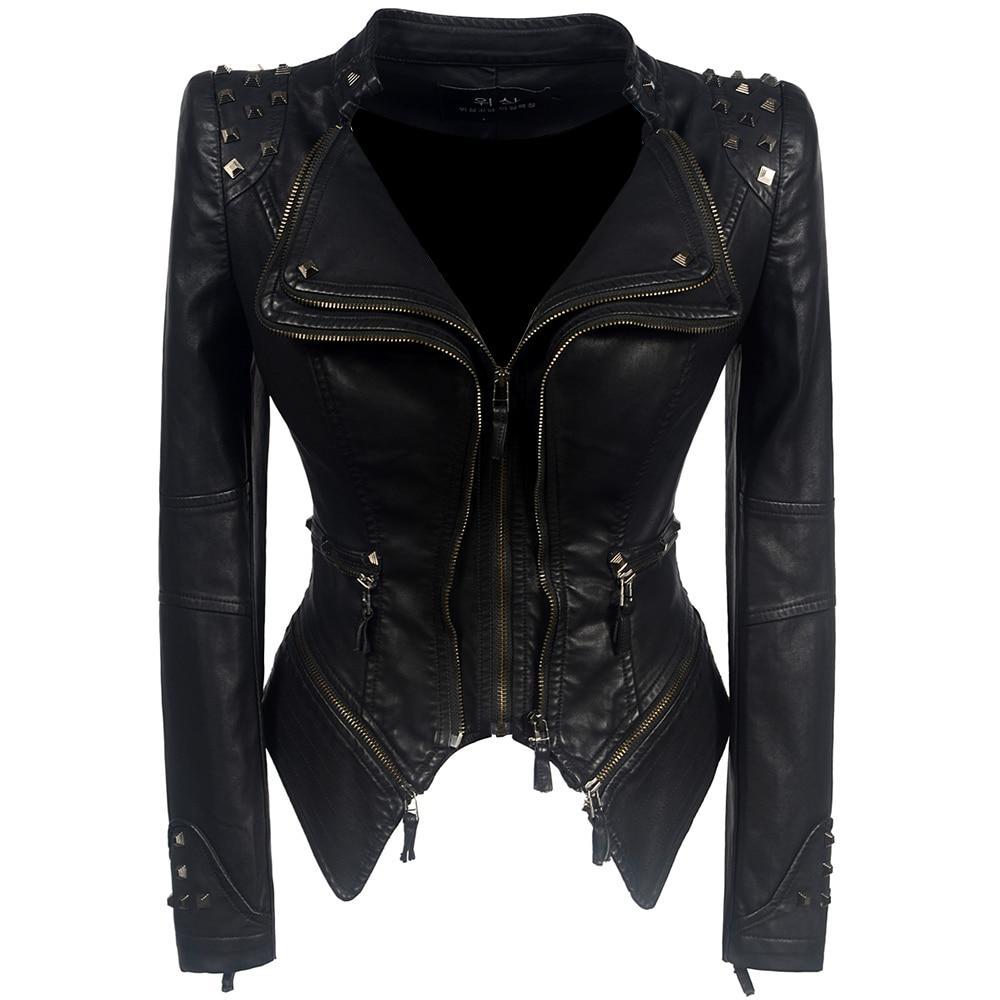 Women's gothic motorcycle jacket with slim waist and rivets