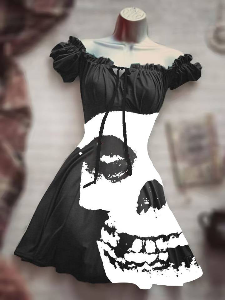 Women's halloween skull print gothic high-waist drawstring short a-line dress