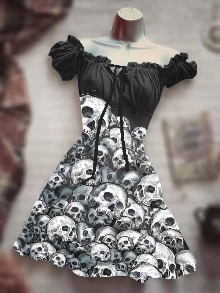 Women's halloween skull print gothic high-waist drawstring short a-line dress