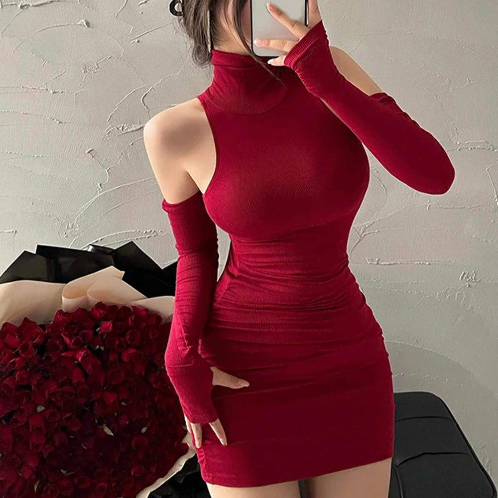 Women's off-the-shoulder turtleneck pleated hip-wrapped short skirt vest mini dress