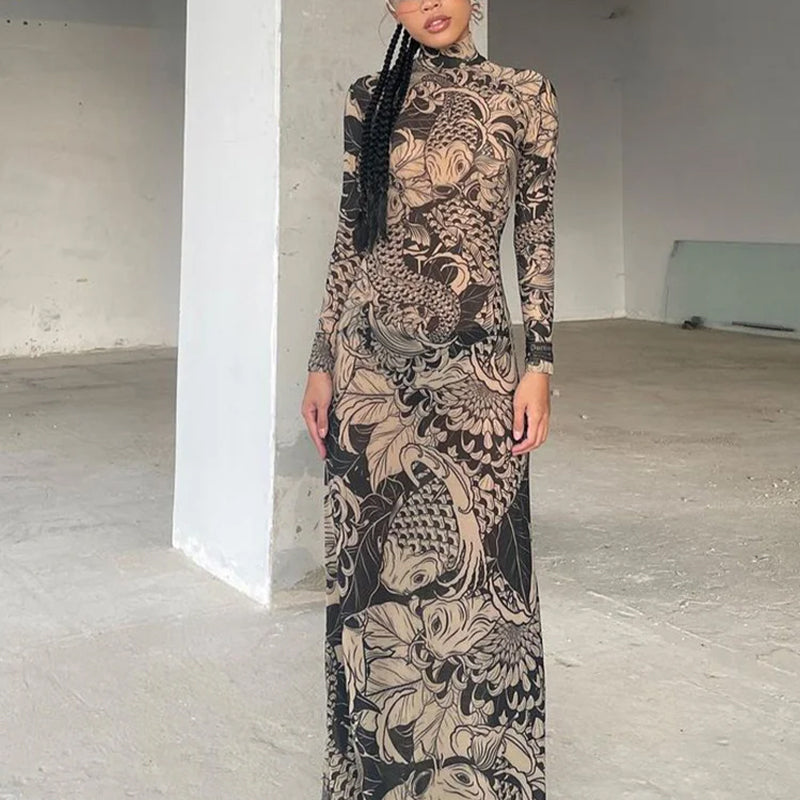 Women's turtleneck slim fit animal print maxi dress