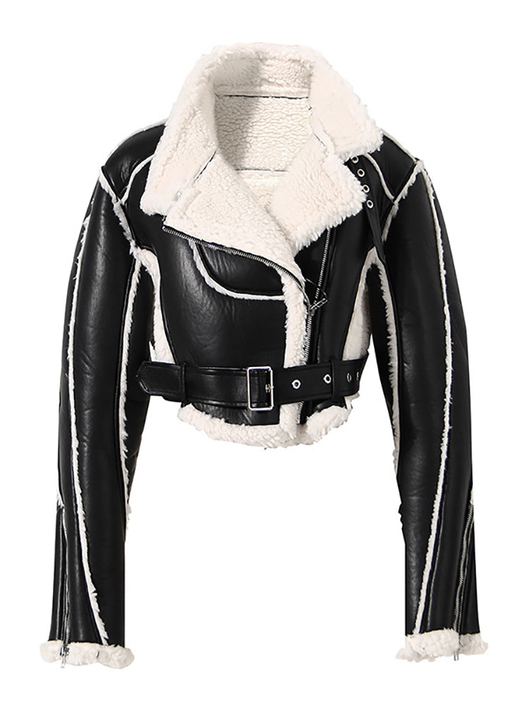 Women's cropped fit motorcycle style short shearling jacket with belt