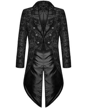 Elegant gothic steampunk men's tailcoat with black brocade design