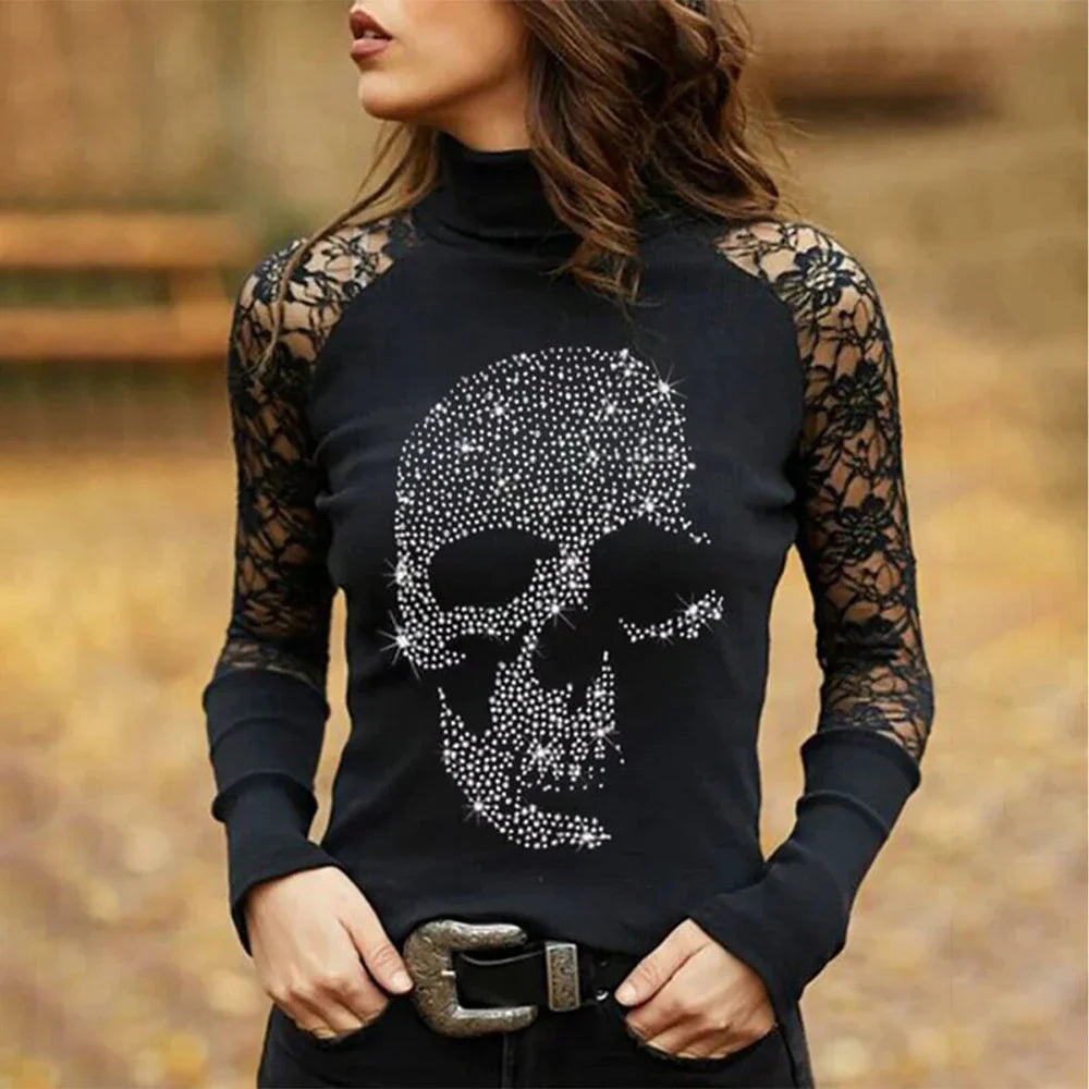 Women's punk t-shirt with skull lace panel and turtleneck