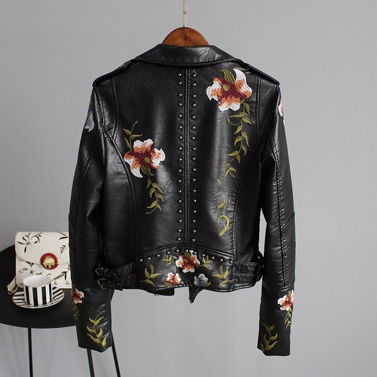 Women's urban street jacket with embroidery and rivets zipper