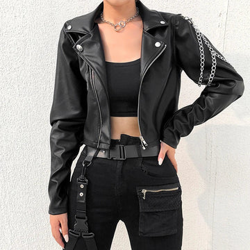 Gothic punk women's motorcycle jacket with chain detail