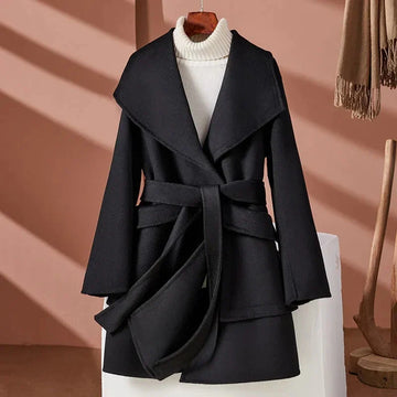 Women's elegant chic belted coat with wide sleeves and oversized collar