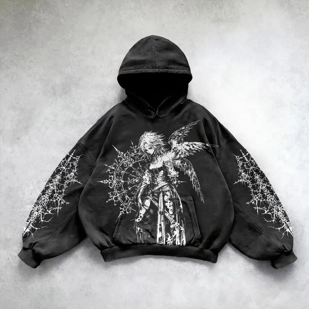 Women's gothic hooded sweatshirt with hand-drawn print