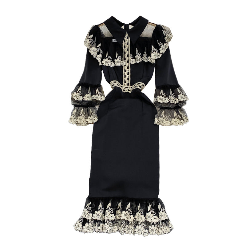 Elegant gothic women's midi dress with embroidered mesh and ruffle detail