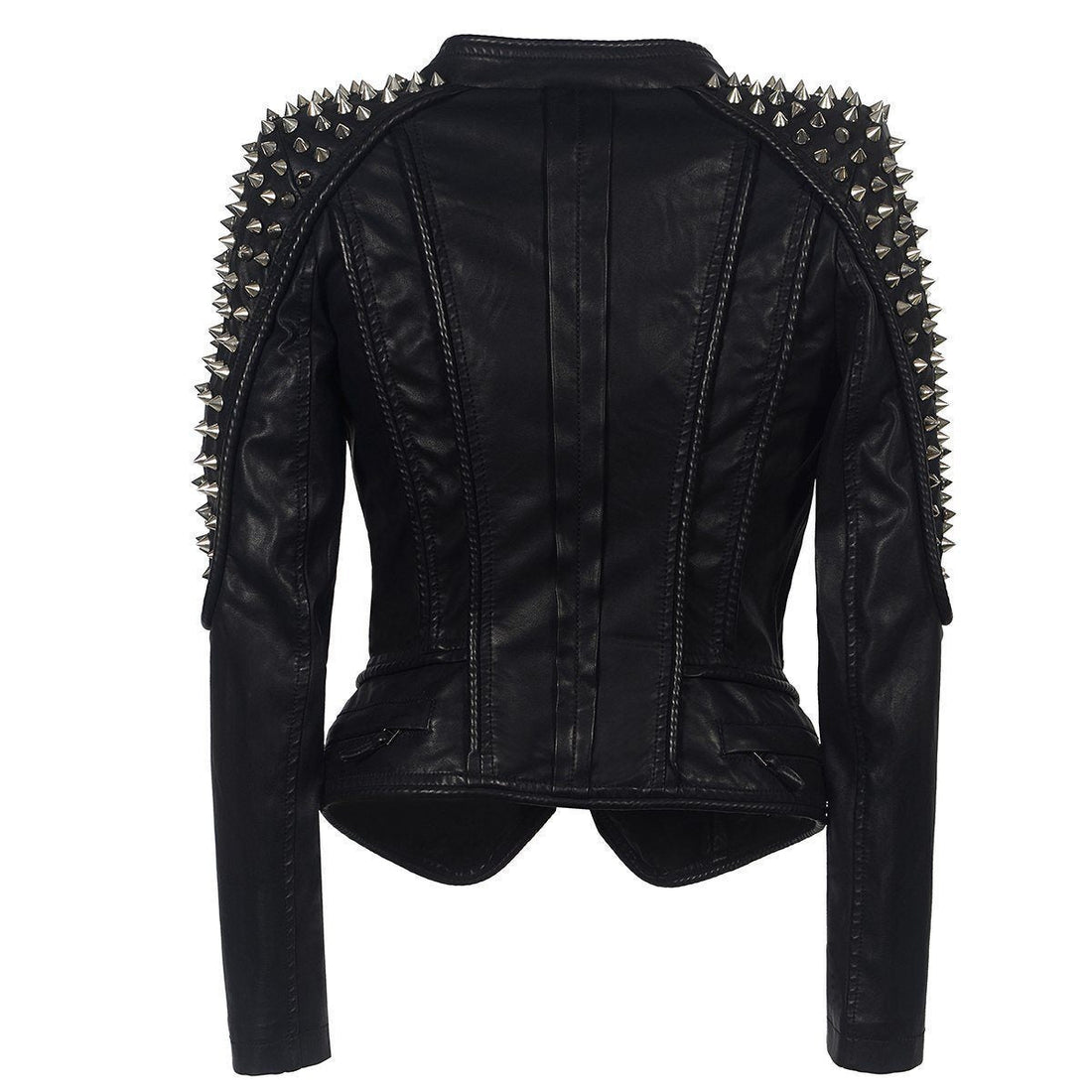 Women's gothic studded rock punk motorcycle jacket with shoulder spikes and zipper detail