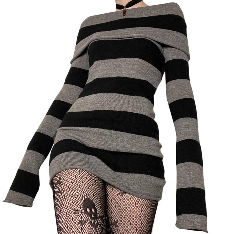 Women's striped one-shoulder slim long sweater dress