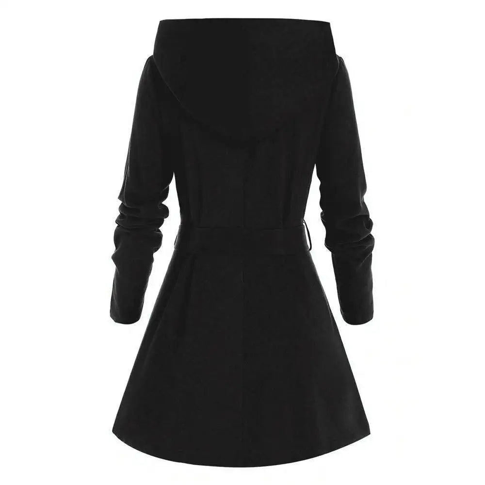 Women's black hooded jacket long sleeve zip-up coat