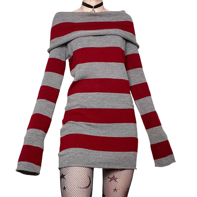 Women's striped one-shoulder slim long sweater dress