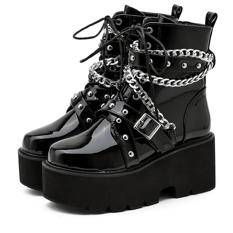 Gothic punk women's high heel platform boots with metal chain