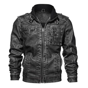 Men's rugged distressed moto biker jacket with multiple pockets