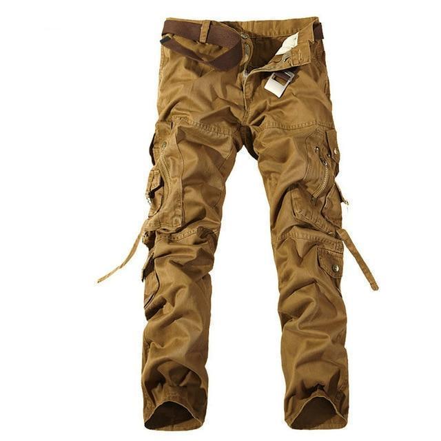 Men's straight leg cargo pants with multiple pockets and zipper opening